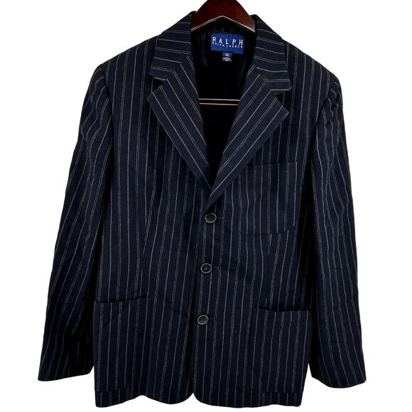 Vintage Ralph Lauren Blue Label Striped Blazer Notch Lapel Pocket Wool Navy 12 - Picture 1 of 4